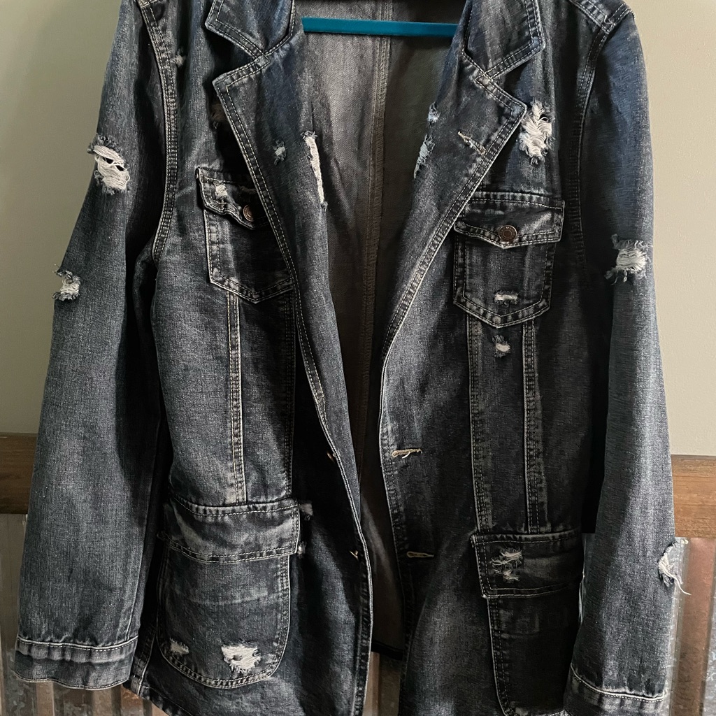 Classic Blue Jean Jacket With Distressed Details